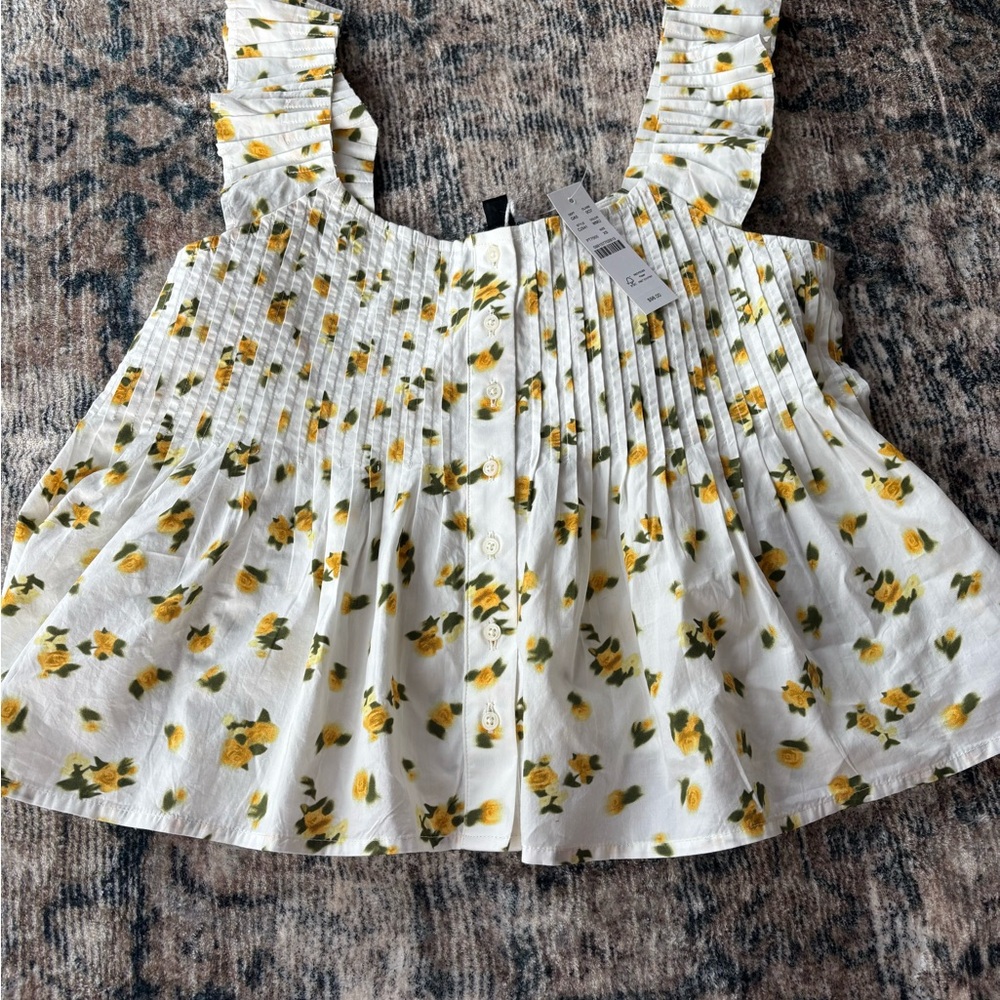 Women’s White Floral Smocked Tank Top with Yellow Rose Print
